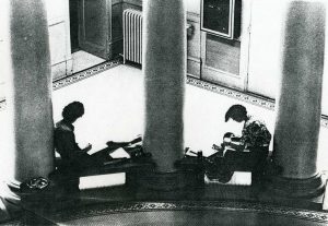 students at work in lobby