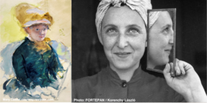 Two pictures of femme-presenting individuals. The picture on the left is a drawing of Mary Cassat. The picture on the right is a black and white photograph of someone holding a mirror and smiling.
