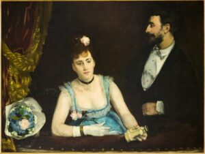 A painting of a adult man and adult woman. They are both wearing formal clothes. They appear to be at the theatre.