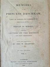 Image of a book's title page. The page is made from paper is yellow and discoloured. At the top in bold black font it says Memoirs of Princess Daschkaw.