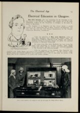 Image of a newspaper article titled Electrical Education in Glasgow. To the left is a cartoon of an older woman wearing a dress. At the bottom is a photograph of three women.