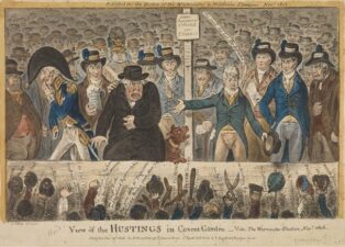 Nineteenth-century hustings in Covent Garden. Public domain via Wikimedia Commons.