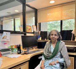 Gaiti Hasan, Indian molecular biologist, in her office at the National Centre for Biological Sciences, November 2023. Photograph: Nilakshi Das.